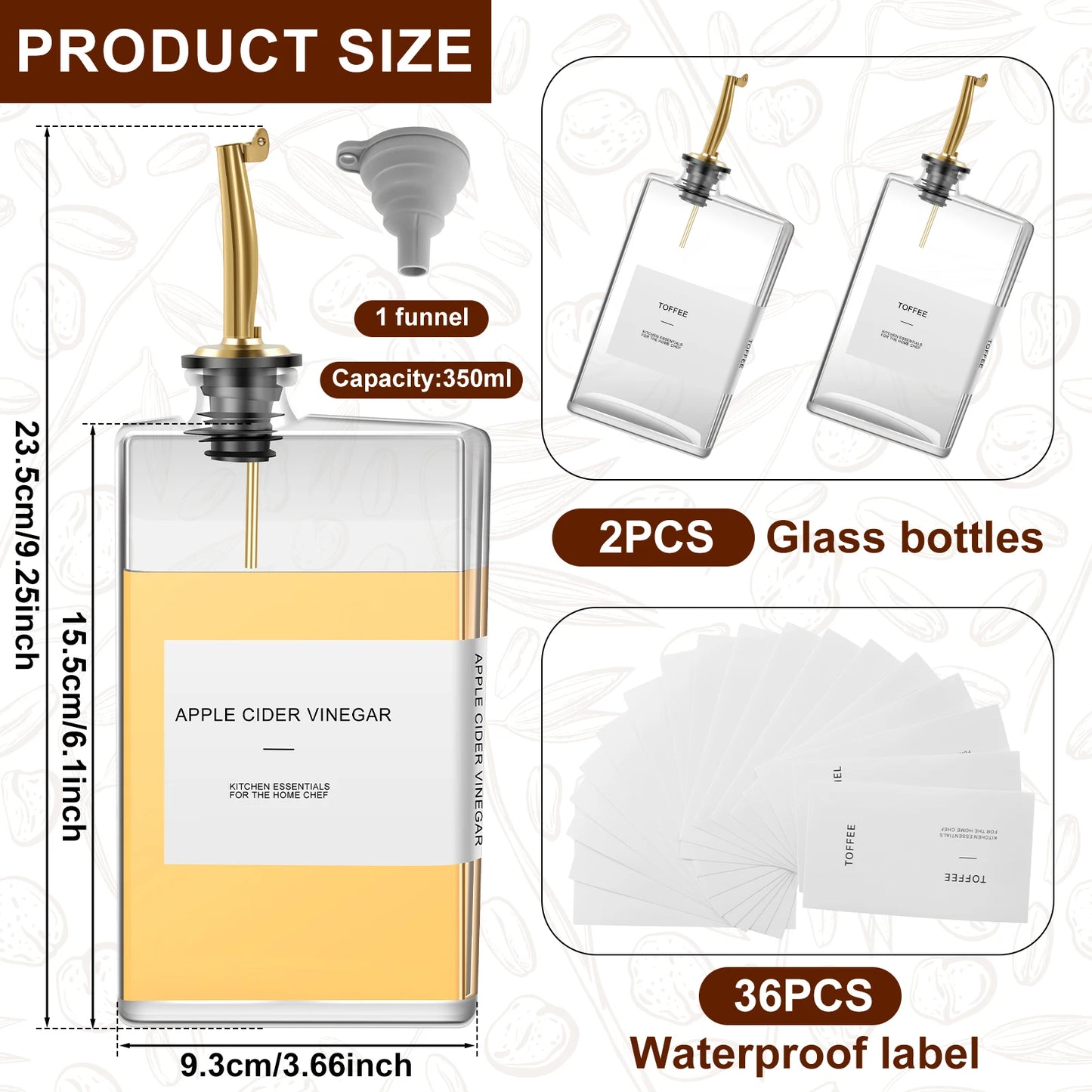 2Pcs 500Ml Olive Oil Dispenser Bottle Glass Oil Dispenser Rectangular Cooking Dispenser Transparent Olive Oil Bottle with Labels